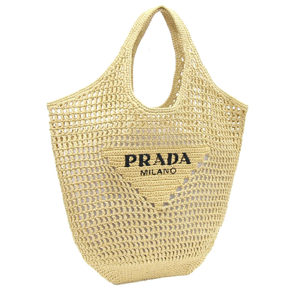 Prada Crochet Tote Bag Raffia Basket Embroidery Triangle